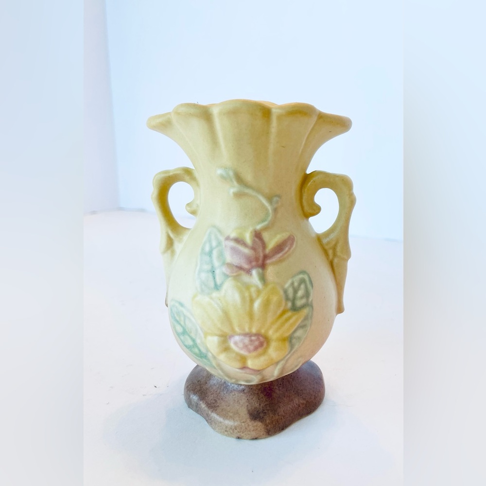 1940s Small Hull Art Pottery Vase with Handles Magnolia Flower Design, USA